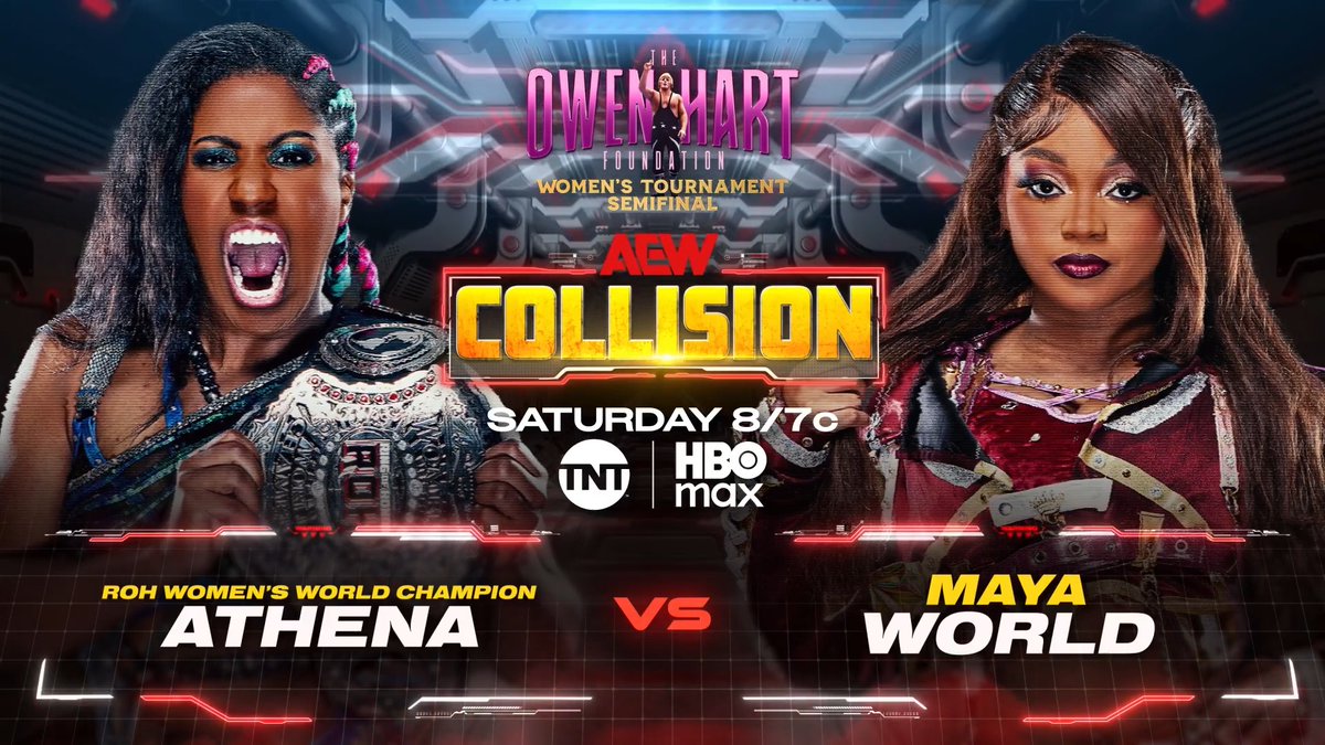 #AEWCollision 8/7c TNT & HBO Max Sat 6/20 #OwenCup Women's Semifinal Athena is ROH & All Elite! vs maya world Maya aims to beat Athena with all the ROH Women's World Champion taught her, but Athena says she didn't teach Maya all SHE knows! See who goes to #ForbiddenDoor, THIS SATURDAY!