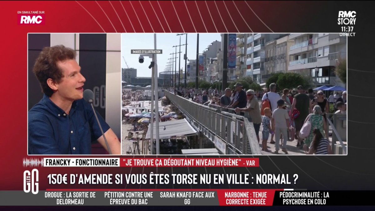 👕 150 € d'amende si vous vous baladez torse nu dans le centre de Narbonne. 🗣️ Jean-Loup Bonnamy : "Je rêve de vivre dans un pays où on n'aurait tellement pas de problèmes qu'on pourrait s'occuper de mettre des amendes à des gens qui se baladent torse nu pendant la canicule." #GGRMC