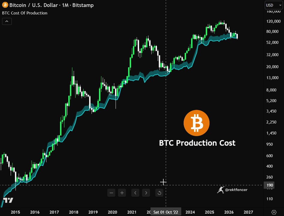 Bitcoin never bottomed below its Production Cost. Current electricity cost: $61,500. And everyone is still looking lower.