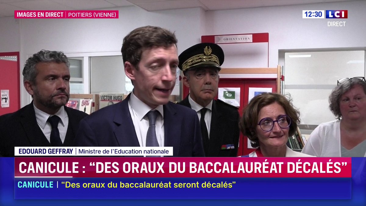 🔴 Canicule : faut-il fermer les écoles ? 🗣️ : Édouard Geffray : "Je ne ferai plus d'écrit à l'avenir au baccalauréat ou au brevet les après-midis, c'est fini. Plus d'épreuves du baccalauréat professionnel les après-midis, c'est terminé aussi."