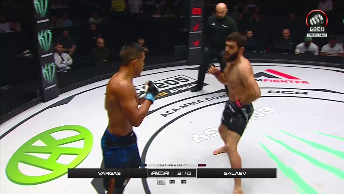 HOLY SHIT. Nashkho Galaev flatlines Vicente Vargas with a perfect walk-off flying knee in the first round. #ACA204