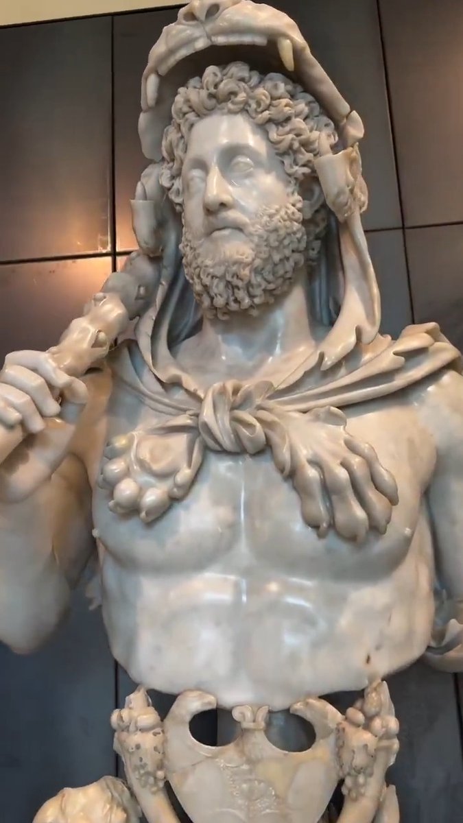 Emperor Commodus as Hercules ⚔️ This 1,835 years old bust from the Capitoline Museums shows the mad son of Marcus Aurelius fully embracing his god complex: lion skin, club, and apples of the Hesperides. He thought he was the new Hercules.