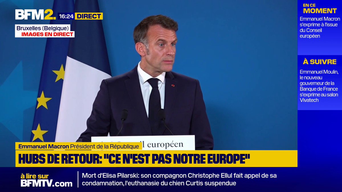 💬"Je ne suis pas sûr que ce soit ça notre Europe" Emmanuel Macron exprime son désaccord sur la création de "hubs de retour" hors des frontières de l'Union européenne #BFM2