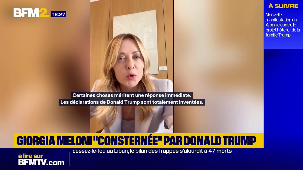 💬"Les déclarations de Donald Trump sont complètement inventées. Je suis franchement stupéfaite" La cheffe du gouvernement italien, Giorgia Meloni, répond à Donald Trump selon qui elle l'a "supplié" de prendre une photo avec lui #BFM2