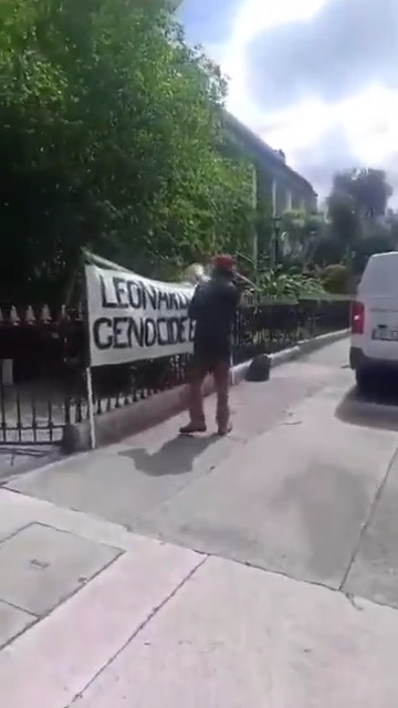 Free Palestine in Ireland activists stand outside of an Israeli-owned hotel, screaming that they are going to "blow all you Zionist collaborators into the sea." Next to them is a sign that reads "Victory to Iran," on the same day the regime in Iran sentenced a woman to 74 lashes for performing without a hijab. And they think they are the good guys.