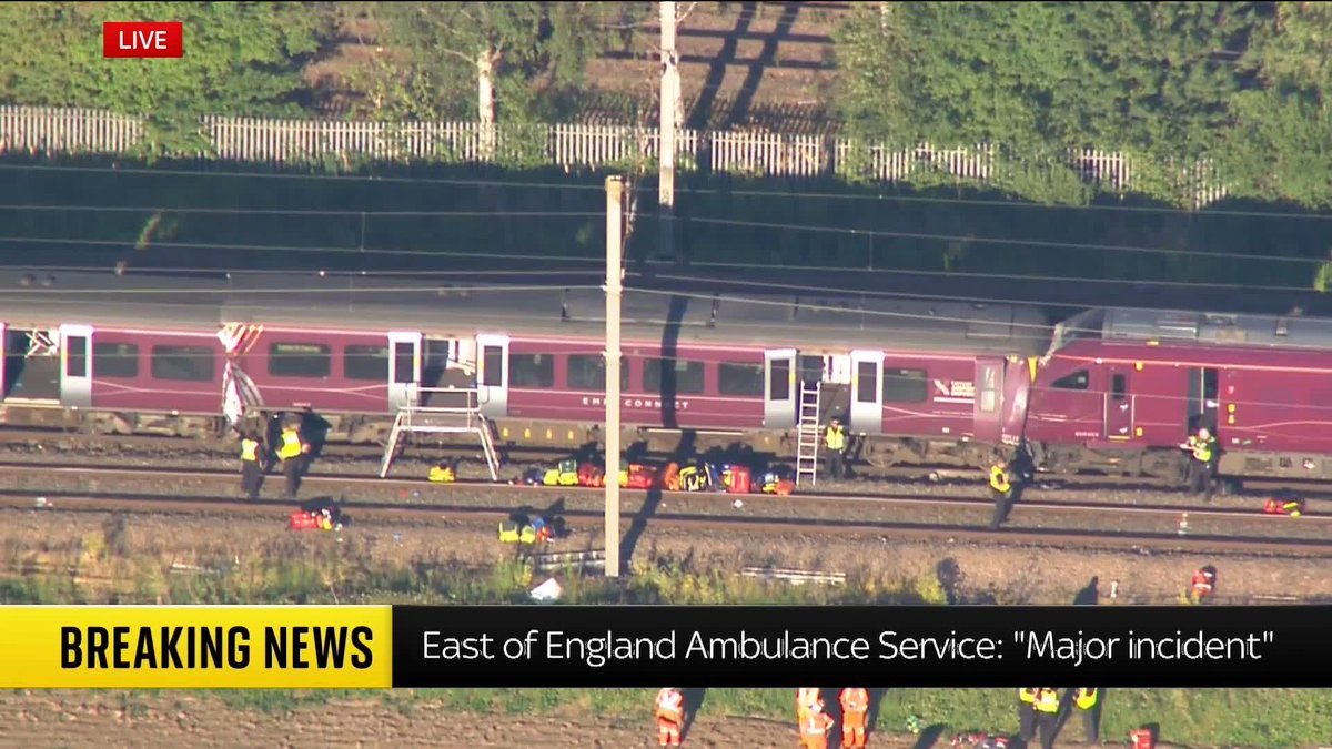 BREAKING: Aerial images show emergency service workers attending the scene of a collision involving two trains south of Bedford. Sky's @EmmaBirchley reports ⬇️ Live updates: 📺 Sky 501, Virgin 602, Freeview 233 and YouTube