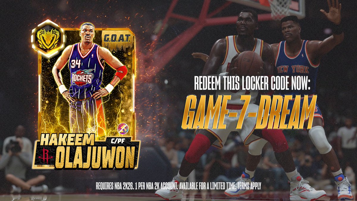 A dream pickup for any MyTEAM lineup 💭 Enter code GAME-7-DREAM and unlock G.O.A.T. Hakeem Olajuwon now 👀 🎥 created by JPforThreee &amp; StaxMontana