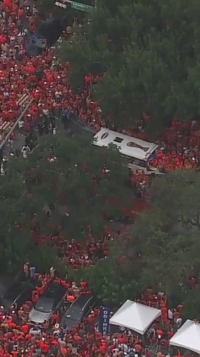 A massive crowd of orange-clad Netherlands fans are marching from Rice Stadium to Houston Stadium ahead of the Netherlands vs Sweden FIFA World Cup match.