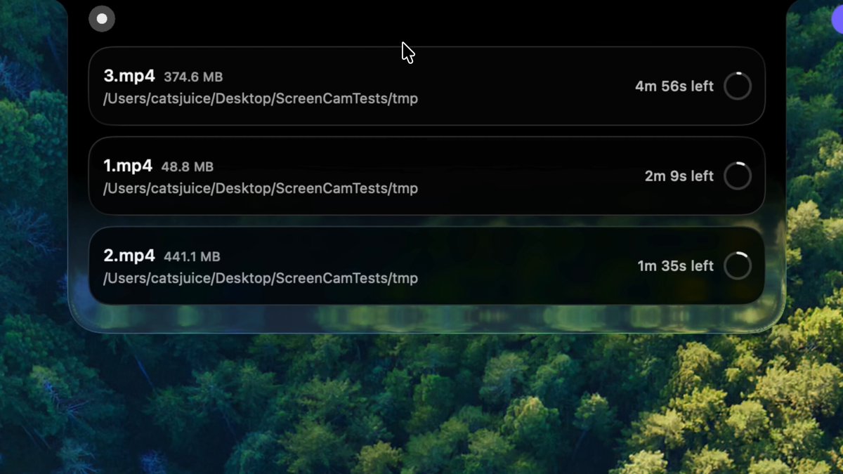 下个版本 ScreenCam 支持了把导出挂起到刘海中,还有大伙最爱的 macOS 27 风格的灵动岛!!