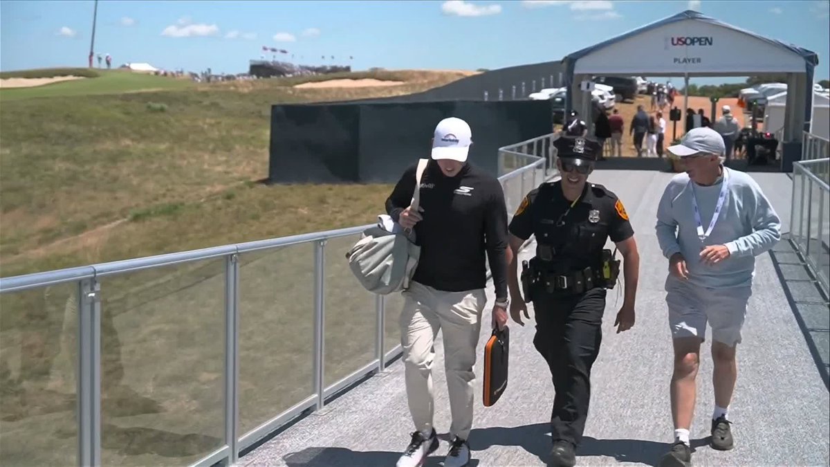"Keep him in check" 🤣 Matt Fitzpatrick's dad had a request for the police officer escorting his son at the US Open today.