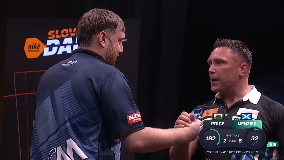 MENZIES IS MAJESTIC IN BRATISLAVA! Cameron Menzies is superb in his round two contest against Gerwyn Price, as the Scotsman averages 106 in a 6-2 victory over the Welshman, sealing the victory with a brilliant 10-dart leg! 📺 #ET9