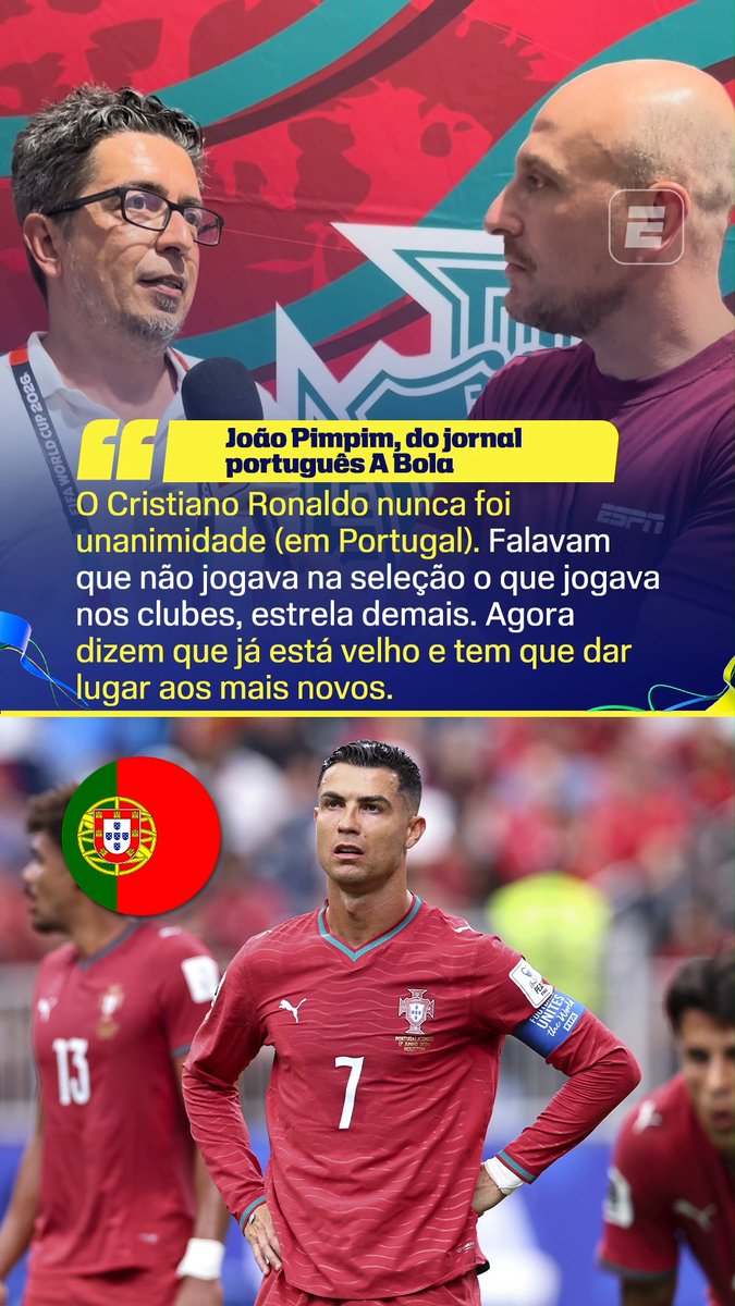 “Cristiano Ronaldo nunca foi unanimidade (em Portugal). Falavam que ele não jogava na Seleção o que jogava nos clubes. Agora dizem que já está velho e tem que dar lugar aos novos.” 🎙️ João Pimpim, do jornal português A Bola. 🎥 ESPN Brasil SportsCenter Brasil