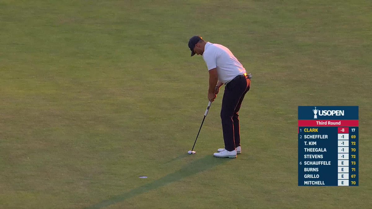 Bogey at 18 for Wyndham Clark. He goes into Sunday's final round with a 6 shot lead.