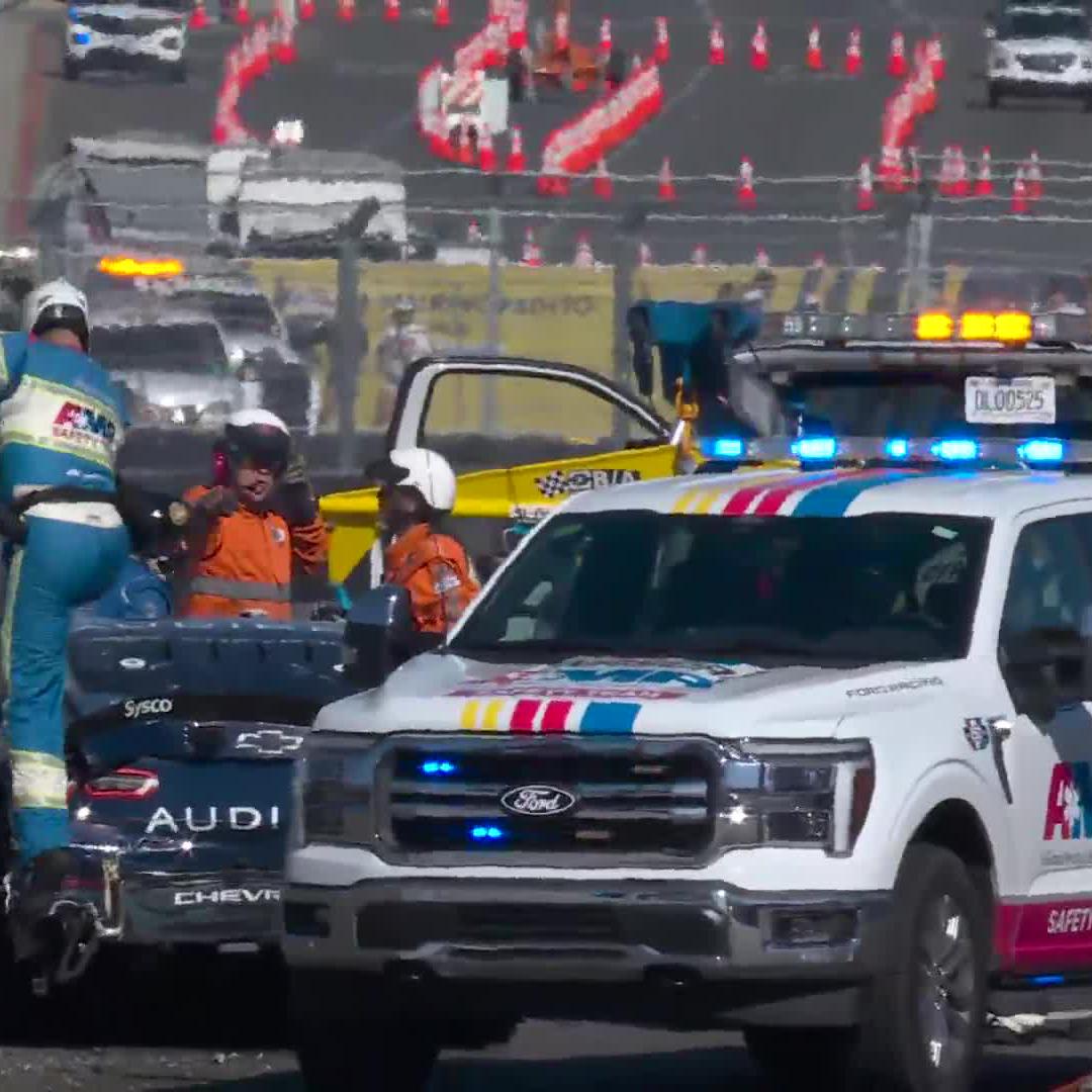 A replay of the incident on Lap 34 involving multiple cars. Sam Mayer, William Sawalich, and Anthony Alfredo have been evaluated and released from the infield care center.
