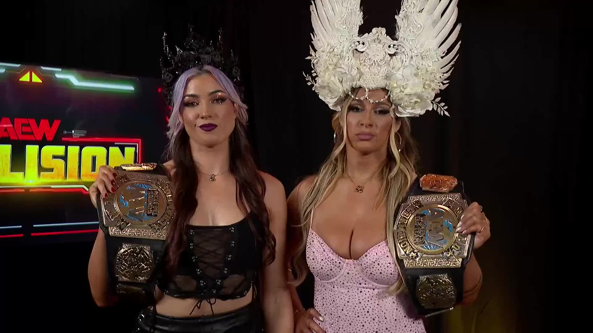 “You are not competition; you are a sacrificial lamb at our altar!” AEW Women’s World Tag Team Champions Divine Dominion (@MeganBayne &amp; Lena Kross レナ・クロス) promise to make Thunder Rosa bow down! Watch #AEWCollision on TNT &amp; HBO Max