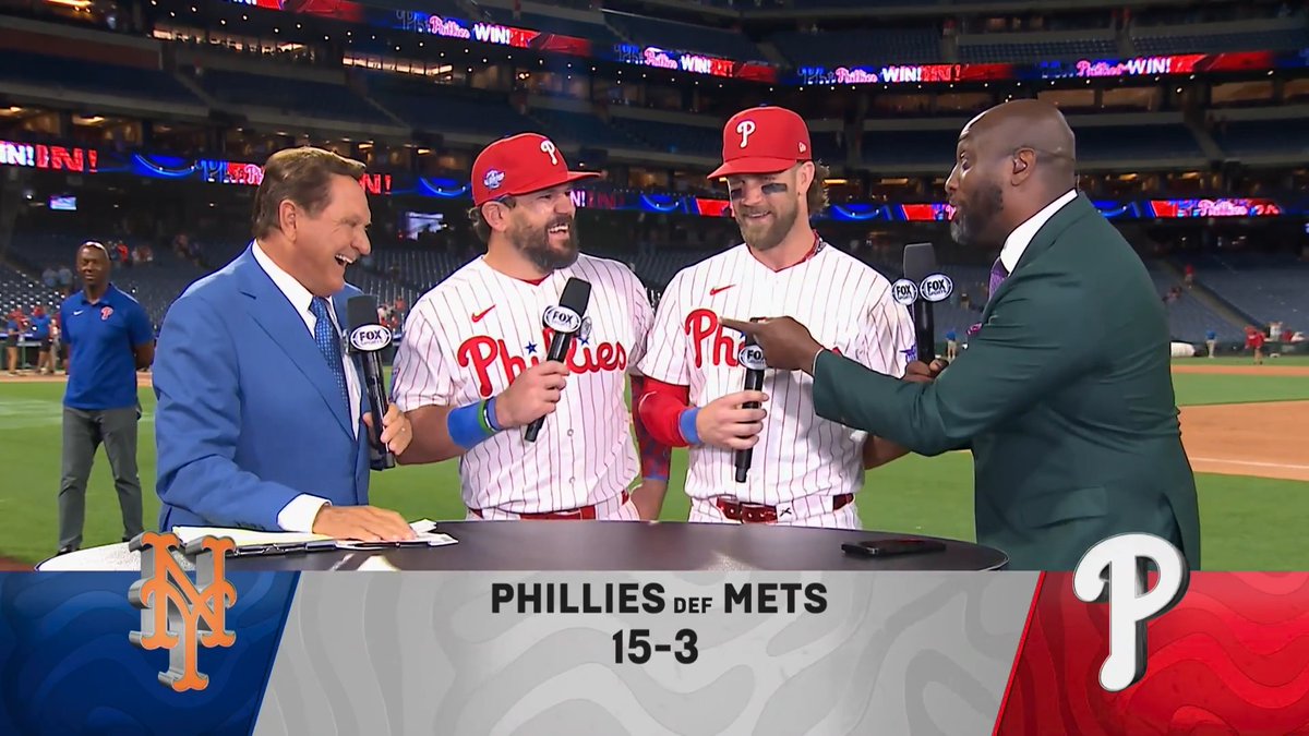 RING THE BELL! 🔔 Philadelphia Phillies stars Kyle Schwarber and Bryce Harper joined the postgame show with Chris Myers and Dontrelle Willis after their 15-3 win over the Mets