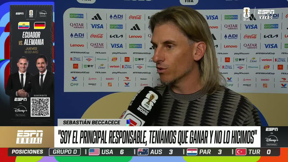🎙️ "SOY EL PRINCIPAL RESPONSABLE" Sebastián Beccacece asumió la situación de Ecuador en la fase de grupos del Mundial y buscará el milagro ante Alemania. ⚡ #ESPNMundial 📺 Mirá los mejores partidos de la #FIFAWorldCup por ESPN, en el Plan Premium de #DisneyPlus