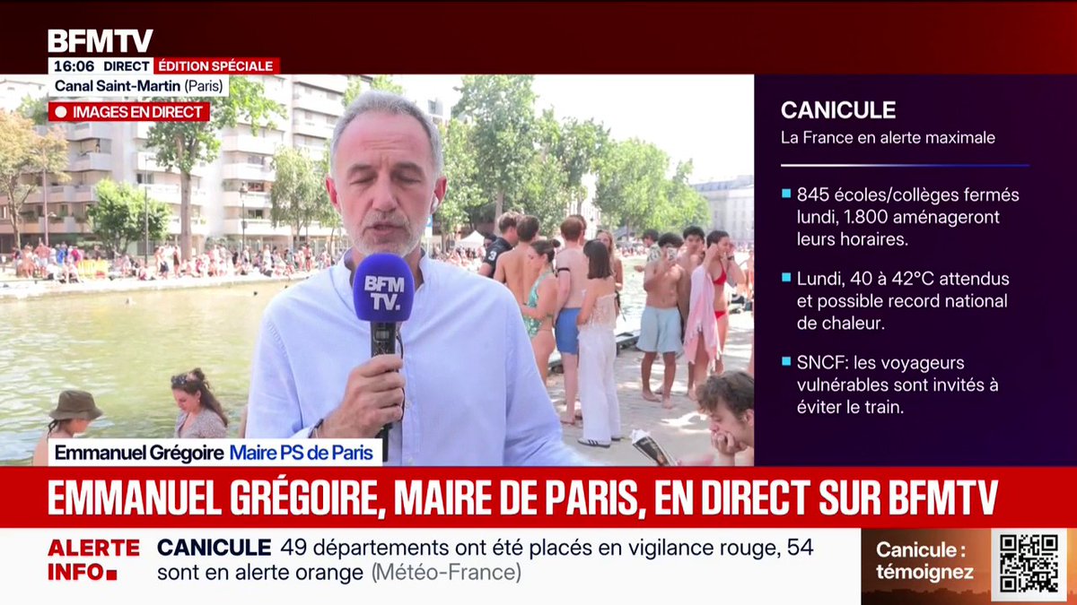 Canicule: "On est inquiets et très vigilants" confie Emmanuel Grégoire, maire PS de Paris, qui annonce étendre les horaires de baignade au Canal Saint-Martin