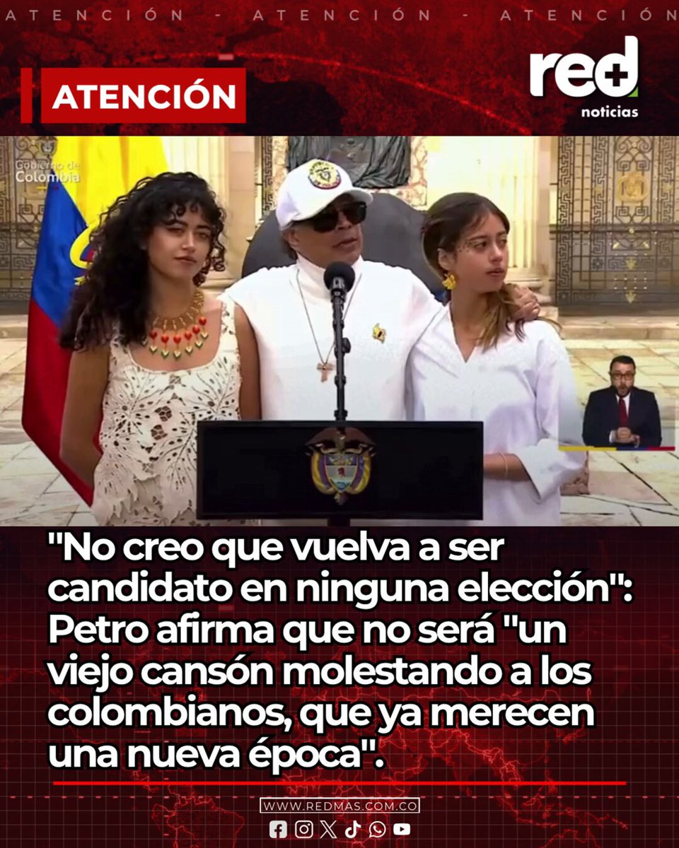 #Colombia | "No creo que vuelva a ser candidato en ninguna elección": el presidente Gustavo Petro afirma que no será "un viejo cansón molestando a los colombianos, que ya merecen una nueva época".