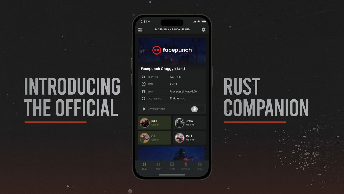 RUST+, the essential Rust companion app. ☢️📲 Stay updated with live server information, track map events, check your base's stats, and stay in touch with your team. Download it here: