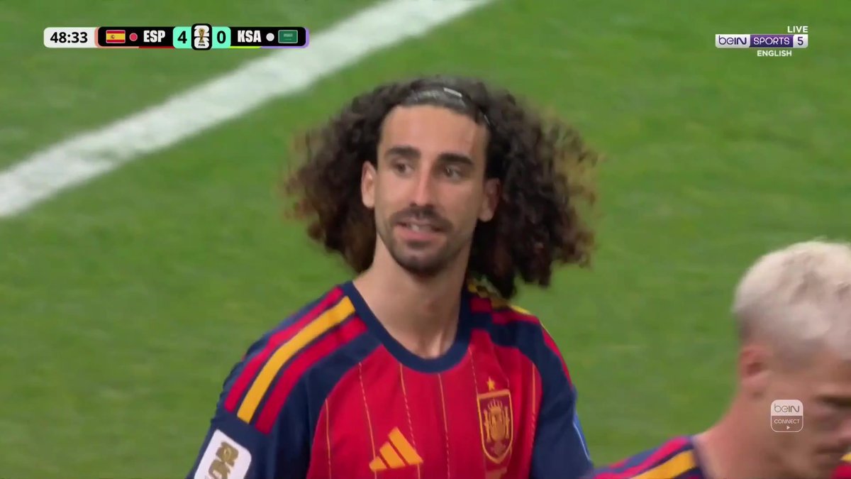 GOAL! An unmarked Cucurella volleys the ball at goal, Al-Owais saves and it rebounds into the net off Tambakti. 🇪🇸 Spain 4-0 Saudi Arabia 🇸🇦 #FIFAWorldCup | #beINWC26 | #Spain