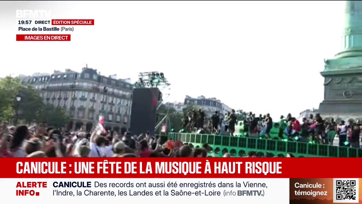 Canicule et Fête de la musique: 5.000 personnes se sont rassemblées place de la Bastille à Paris