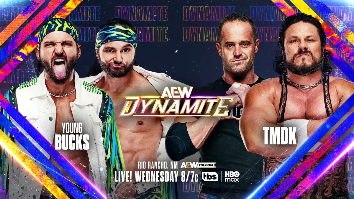 #AEWDynamite 8/7c TBS & HBO Max This Wednesday, 6/24 @YoungBucks vs Tito Escondido 悪い男ティト/Mikey Nicholls The Bucks had Kenny Omega's back when he faced off with @ZackSabreJr on Dynamite. Now they'll fight vs two of ZSJ's TMDK partners, Bad Dude Tito & Mikey Nicholls, THIS WEDNESDAY!