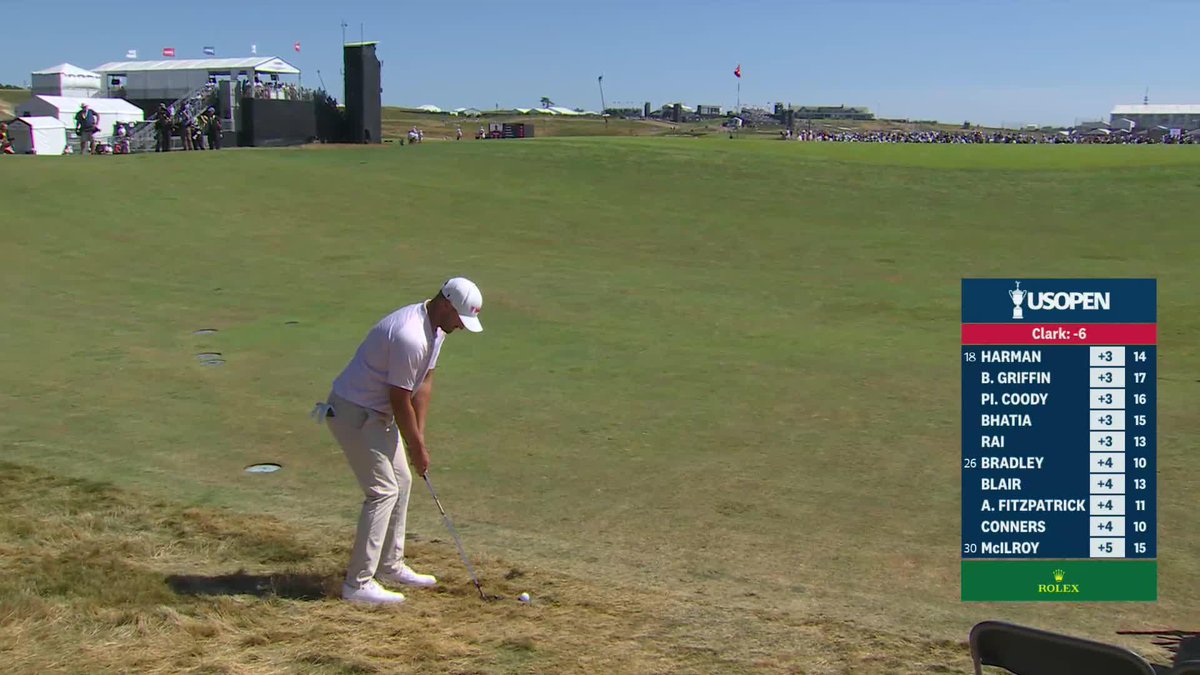 Wyndham doesn't reach the green. Ball rolls back down the hill.