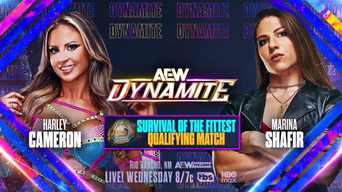 #AEWDynamite 8/7c, TBS & HBO Max This Wednesday, 6/24! TBS Title Survival of the Fittest Qualifier Harley Cameron vs Marina Shafir Harley wants to win the TBS Title for her friend @WillowWrestles, but she'll be facing one of AEW's toughest women, Marina Shafir, THIS WEDNESDAY!