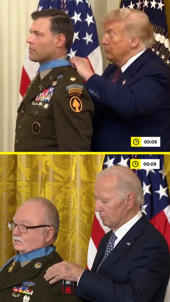 Trump spent 50 seconds trying to fasten the medal — before finally giving up and tying it instead.