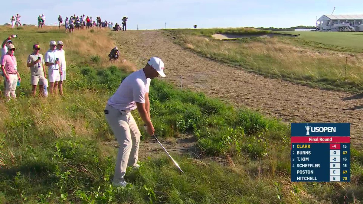 Recovery into the fairway for Clark from the fescue. Carries the bunker. Excellent shot.