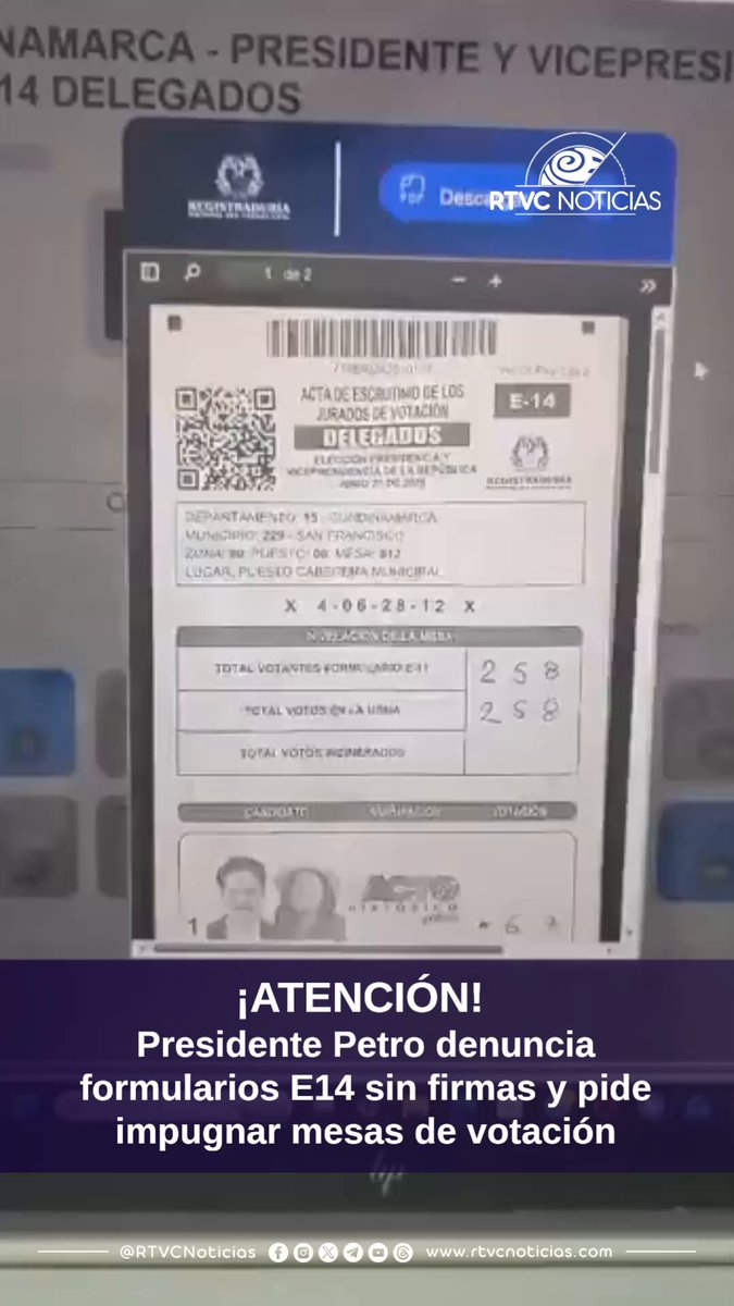 🇨🇴#LaSeñaldelaDemocracia | ¡ATENCIÓN! El presidente Gustavo Petro denunció a través de su cuenta de X presuntas irregularidades en el proceso electoral, al señalar que estarían apareciendo formularios E14 sin las firmas de los jurados de votación. 🔴Conéctate a nuestra transmisión especial aquí
