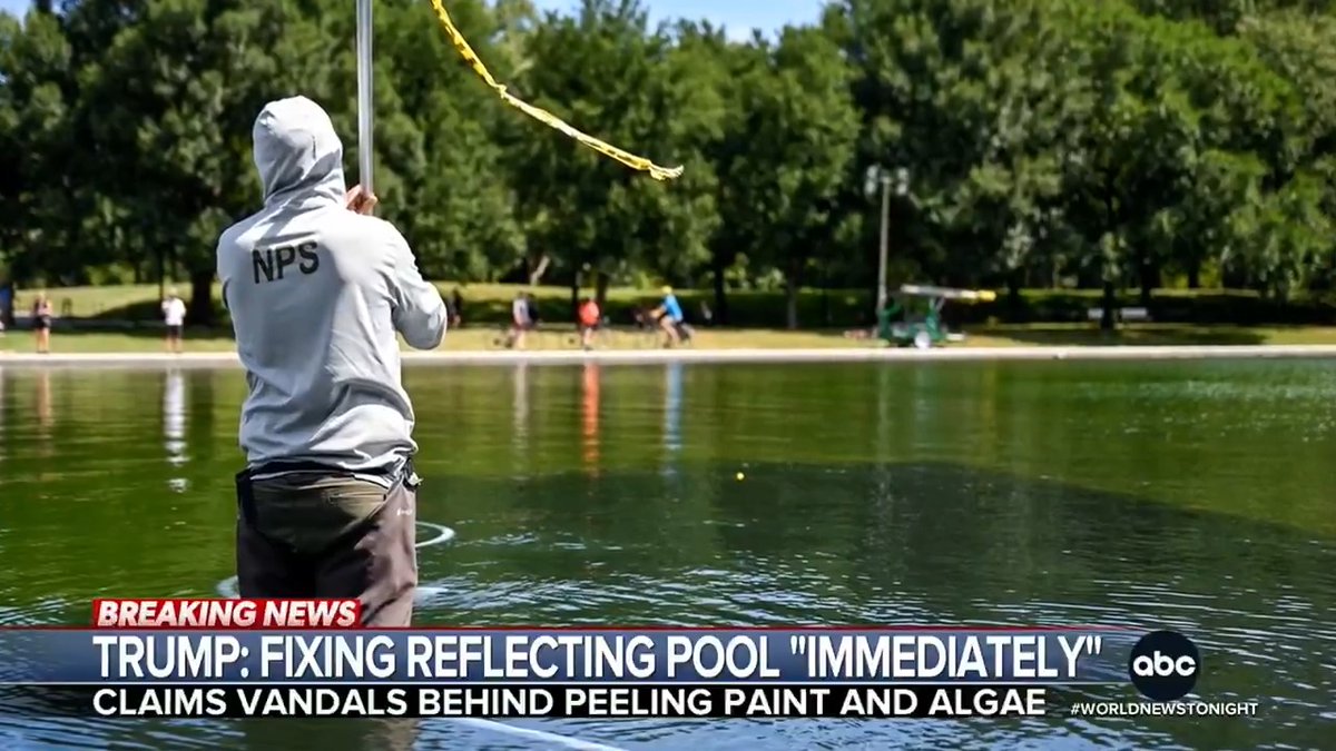 President Trump is blaming vandals for the algae bloom and peeling paint problems at the reflecting pool on the National Mall. But he has provided no evidence. The White House confirms five arrests. Selina Wang has more.