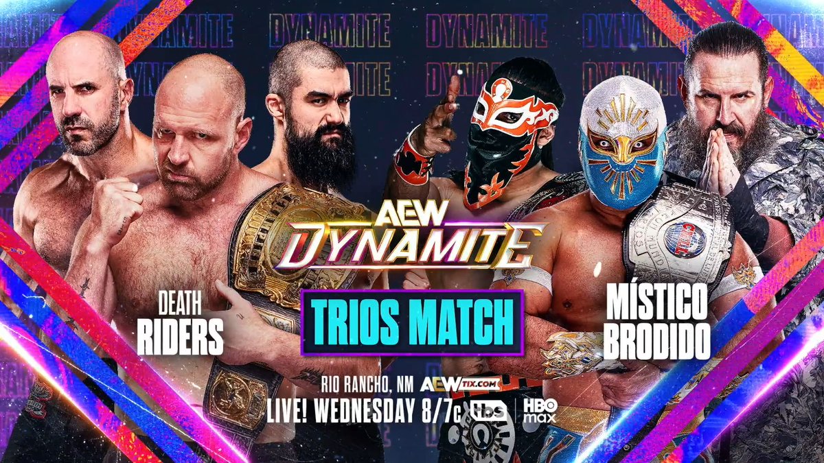 #AEWDynamite 8/7c TBS &amp; HBO Max Wednesday 6/24 Jon Moxley/Claudio/YUTA vs @CaristicoMX/@BandidoWrestler/@BrodyXKing Before Mox puts his AEW Continental Title on the line vs Bandido at #ForbiddenDoor, he'll lead the Death Riders vs Brodido &amp; Místico THIS WEDNESDAY!
