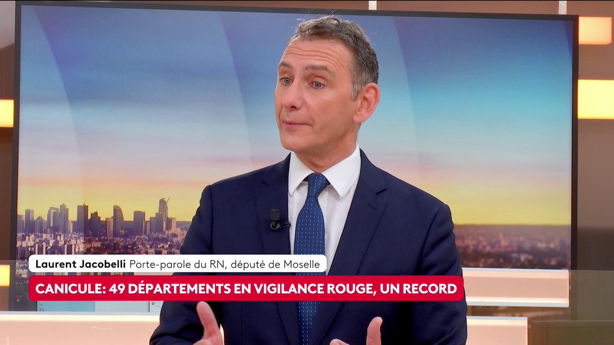 🔴 🗣 "Dès qu'il fait chaud, la France est à l'arrêt. Elle est à l'arrêt dans les écoles, la fonction publique et certaines entreprises", déclare Laurent Jacobelli, député et porte-parole du RN, alors que 49 départements sont placés en vigilance rouge canicule lundi. #canal16
