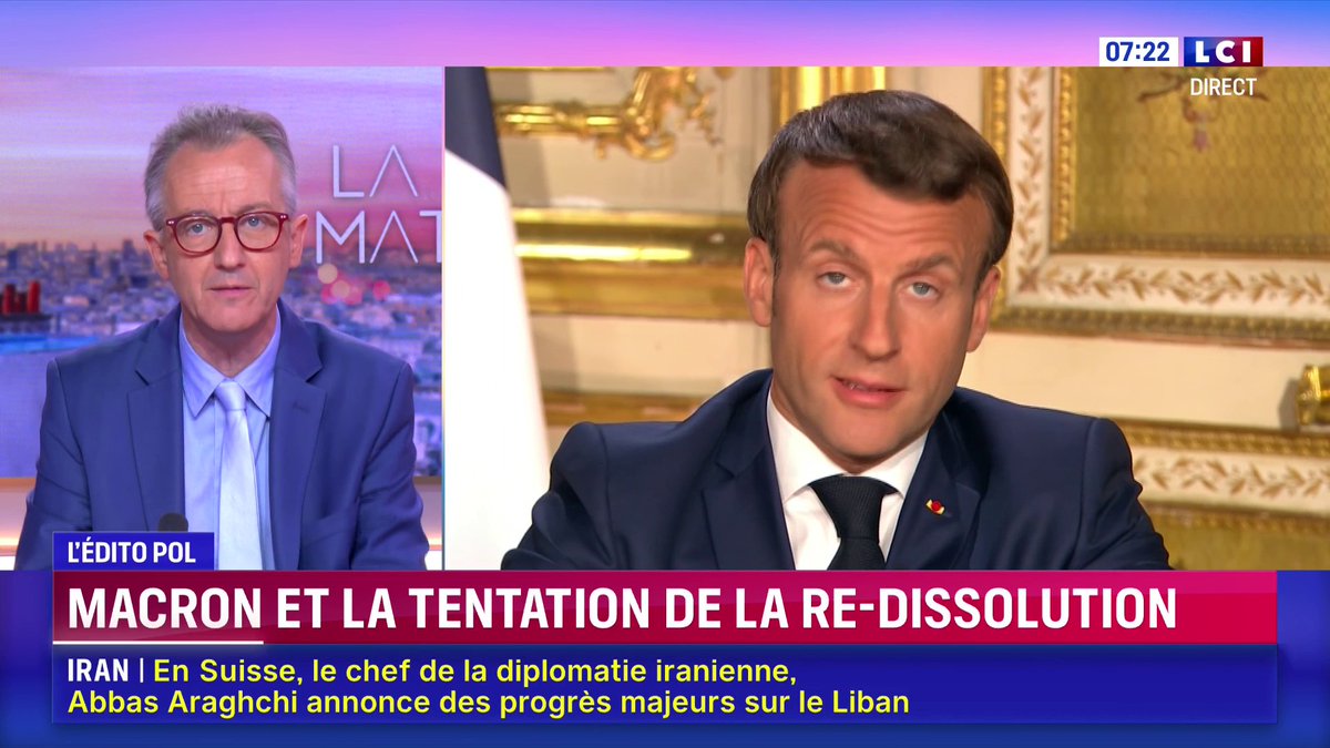 ➡️ Emmanuel Macron et la tentation de la re-dissolution 📺 "La dissolution d’intérêt général, c’est possible" - L’Édito Pol de Christophe Barbier dans La Matinale LCI