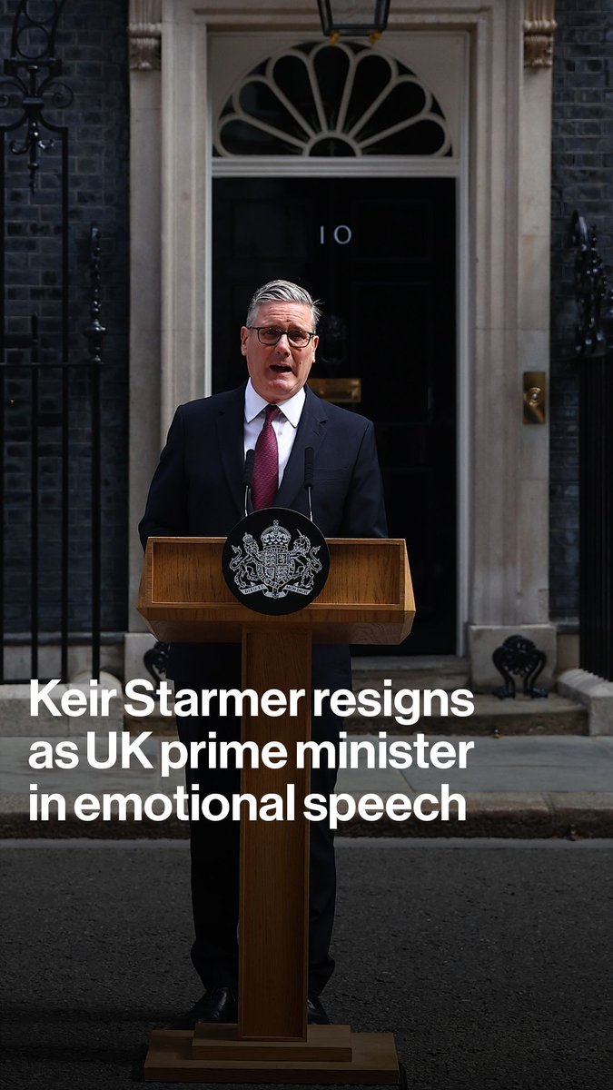Keir Starmer resigns as UK prime minister in an emotional speech at Downing Street, saying his successor will take over by September