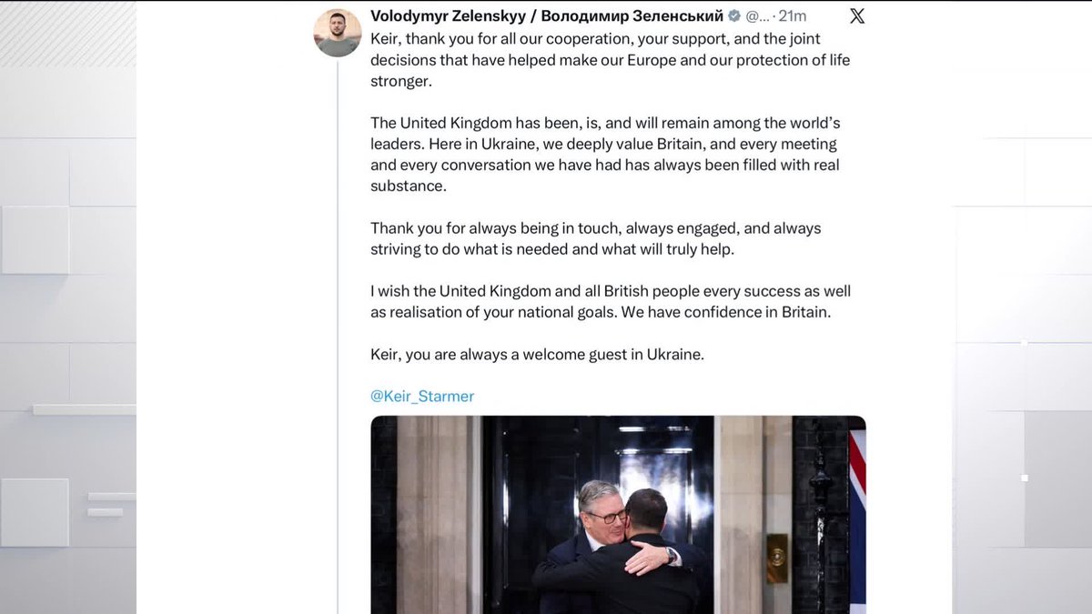 BREAKING: Ukrainian President Volodymyr Zelenskyy has posted on X reacting to Sir Keir Starmer's resignation In the post, he thanks the Labour leader, alongside a picture of the two hugging outside No. 10 📺 Sky 501, Virgin 602, Freeview 233 and YouTube