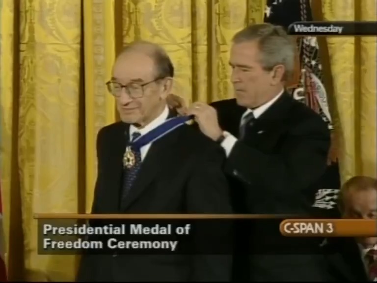 From 2005, Alan Greenspan receives the Presidential Medal of Freedom. Learn more about his life and career by searching his 248 C-SPAN appearances: RIP.