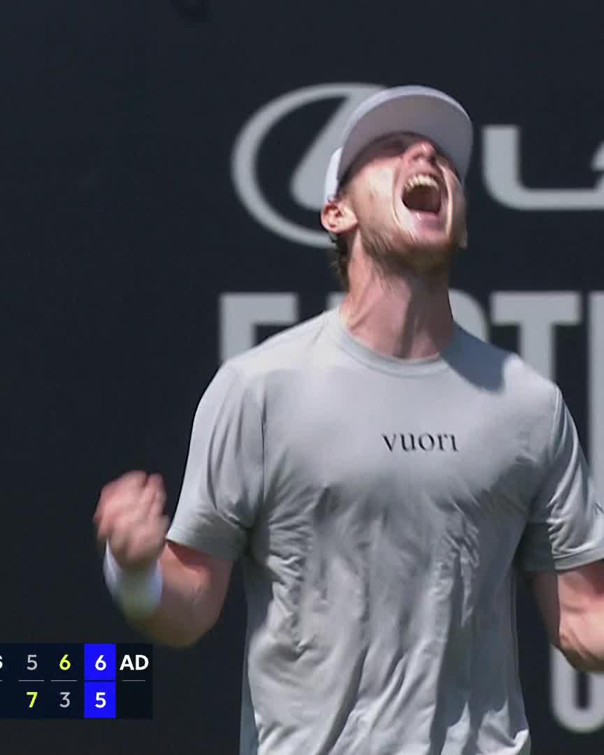 Nerves of steel 🥶 Jack Pinnington Jones saves a match point and fights past a determined Trungelliti 5-7 6-3 7-5! #LexusEastbourneOpen