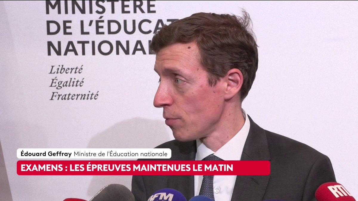 🔴 🗣 ÉPREUVES DU BREVET - “Tout ce qui a lieu le matin peut avoir lieu le matin, les écrits comme les oraux. (…) On verra sous 48h maximum, mais pour l’instant, les épreuves sont maintenues“, déclare Édouard Geffray, ministre de l’Éducation nationale.