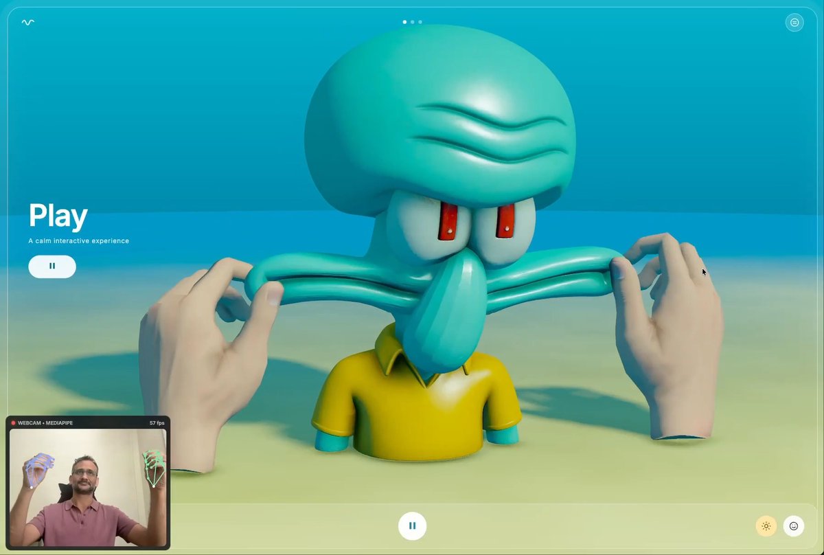 Still experimenting with hand tracking 🖐️ using a webcam and the dear Carlo. The 3D model was generated from a single image in Omma AI Studio, and I remixed an Octopus demo to take advantage of the physics simulation. Building with AI these days is so much fun. Music also generated from the Studio (Fan Art) #threeJS