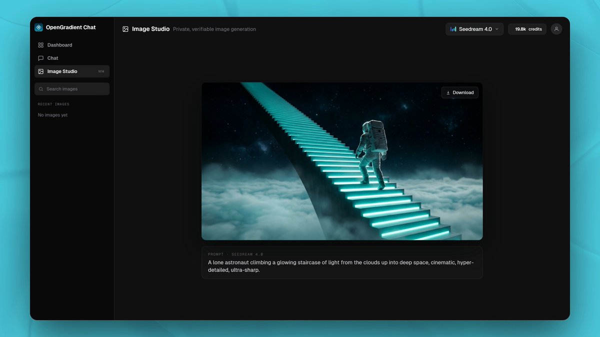 Seedream 4.0 is available in OpenGradient Chat Image Studio. It's the one to reach for when you want detail. Razor-sharp, photoreal, high resolution. And like everything here, you generate it privately, with nothing logged or traced back to you. 1/5 🧵