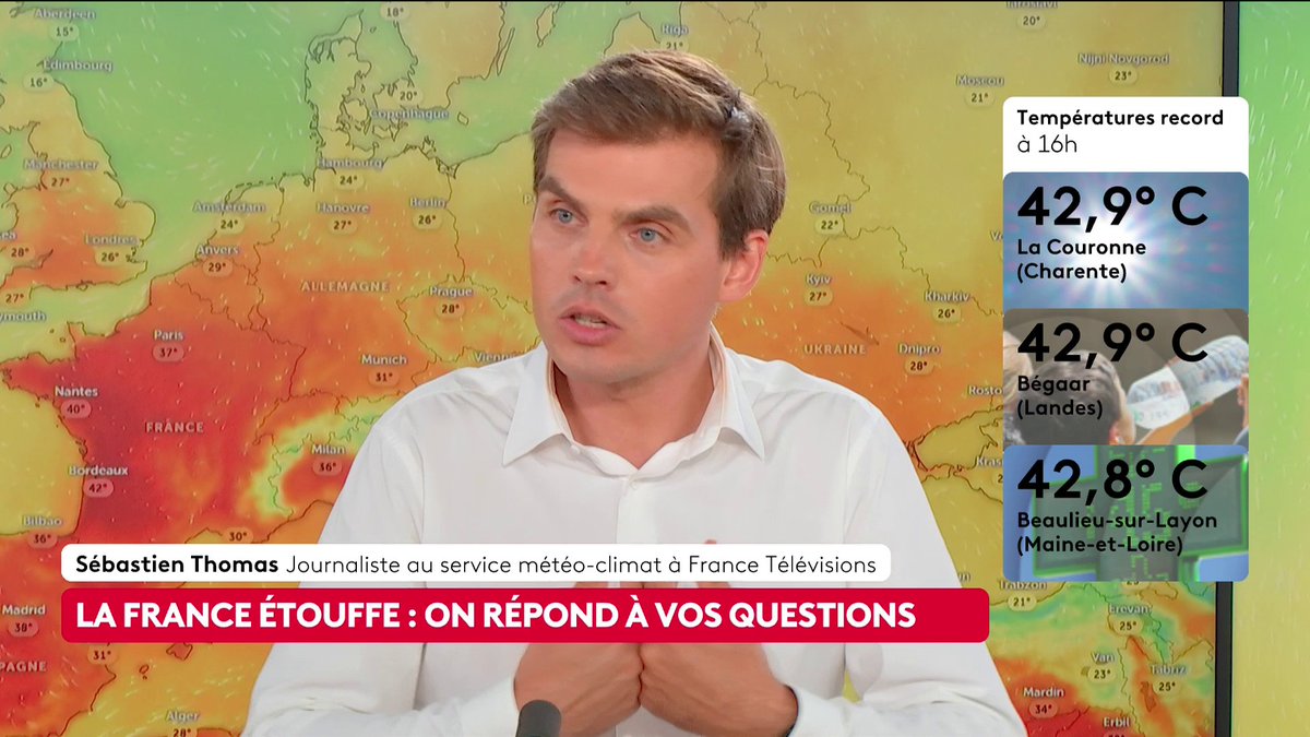 🔴 🗣️ Épisode de canicule : "J'ai grandi à Nantes, j'annonce 43 degrés à Nantes pour demain, je ne pensais jamais vivre ça", confie Sébastien Thomas, journaliste au service météo-climat à France Télévisions. Loïc de La Mornais #SurLeTerrain #Canal16