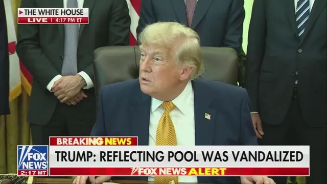 Q: National Guard and police have been all over the Mall. How would these vandals have gotten so close to the Reflecting Pool? Do you have any proof? Trump: I mean, we didn't have... we didn't have a lot of them then. Who would think that somebody would go into a pool and take a knife and start cutting it?