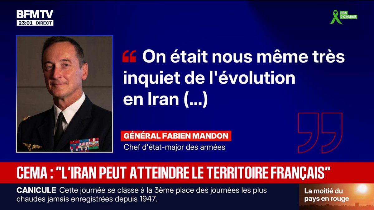 "Aujourd'hui, l'Iran a des missiles capables d'atteindre le territoire français", déclare Fabien Mandon, chef d'état-major des armées