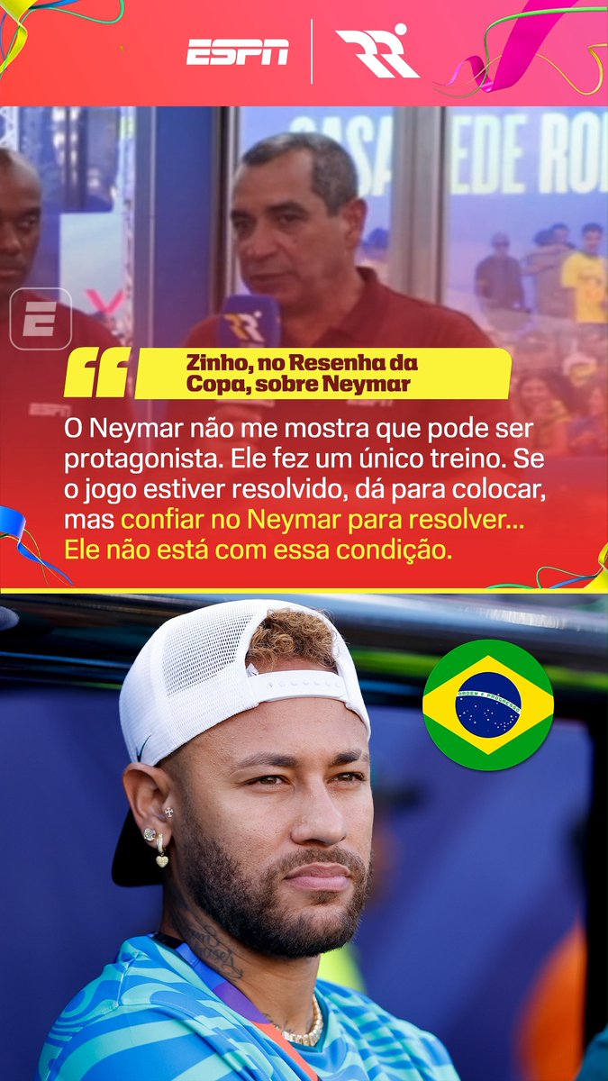 No Resenha da Copa, Zinho falou sobre Neymar na seleção brasileira e opinou que o camisa 10 não mostra condições de ser o protagonista do Brasil na Copa do Mundo. O campeão mundial de 1994 ainda reforçou que o atleta fez apenas um treino com o grupo e que pode entrar em campo diante da Escócia caso a partida esteja resolvida, mas que não dá para confiar que ele será o responsável por decidir o jogo. Assista ao Resenha da Copa pela ESPN no Plano Premium do #DisneyPlus #ESPN2026 #FIFAWorldCup #RedeRonaldo