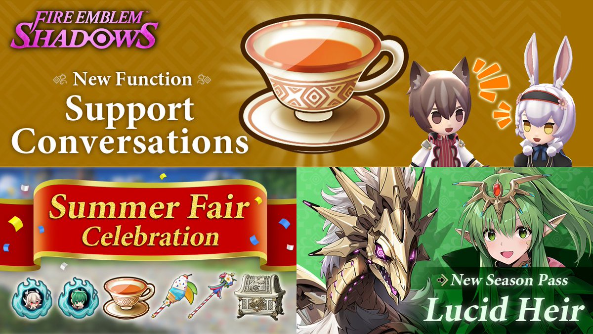 Update Introduction Video The next update is chock-full of stuff! โจ 1โฃ New Mystery Feature ๐ซ 2โฃ Summer Fair Celebration Underway ๐ 3โฃ Lucid Heir Season Pass ๐ฒ We'll have lots more to share soon. โช Stay tuned! #FEShadows #FireEmblem