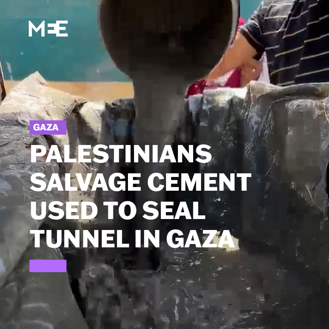 Palestinians in al-Maghazi refugee camp in Central Gaza rushed to collect wet cement that surfaced on streets after Israeli forces pumped it into a tunnel to seal it off, amid ongoing shortages and blockades of construction material