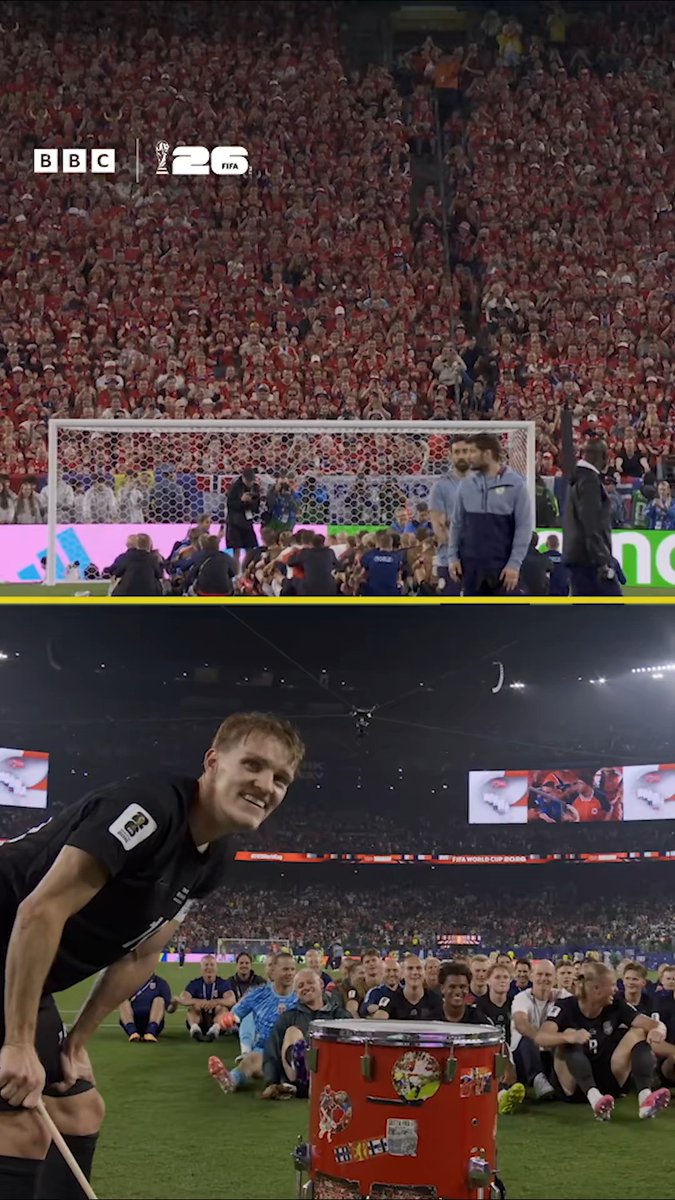 Rowing their way into the knockout stages 🚣🇳🇴 Martin Odegaard leads the Norway squad and thousands of supporters in their latest Viking row! #FifaWorldCup